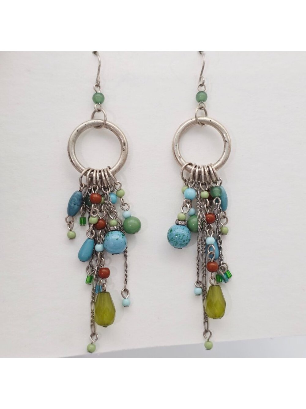 Beaded Dangle Earrings With Mixed Green & Blue Beads And Silver-Tone Chains